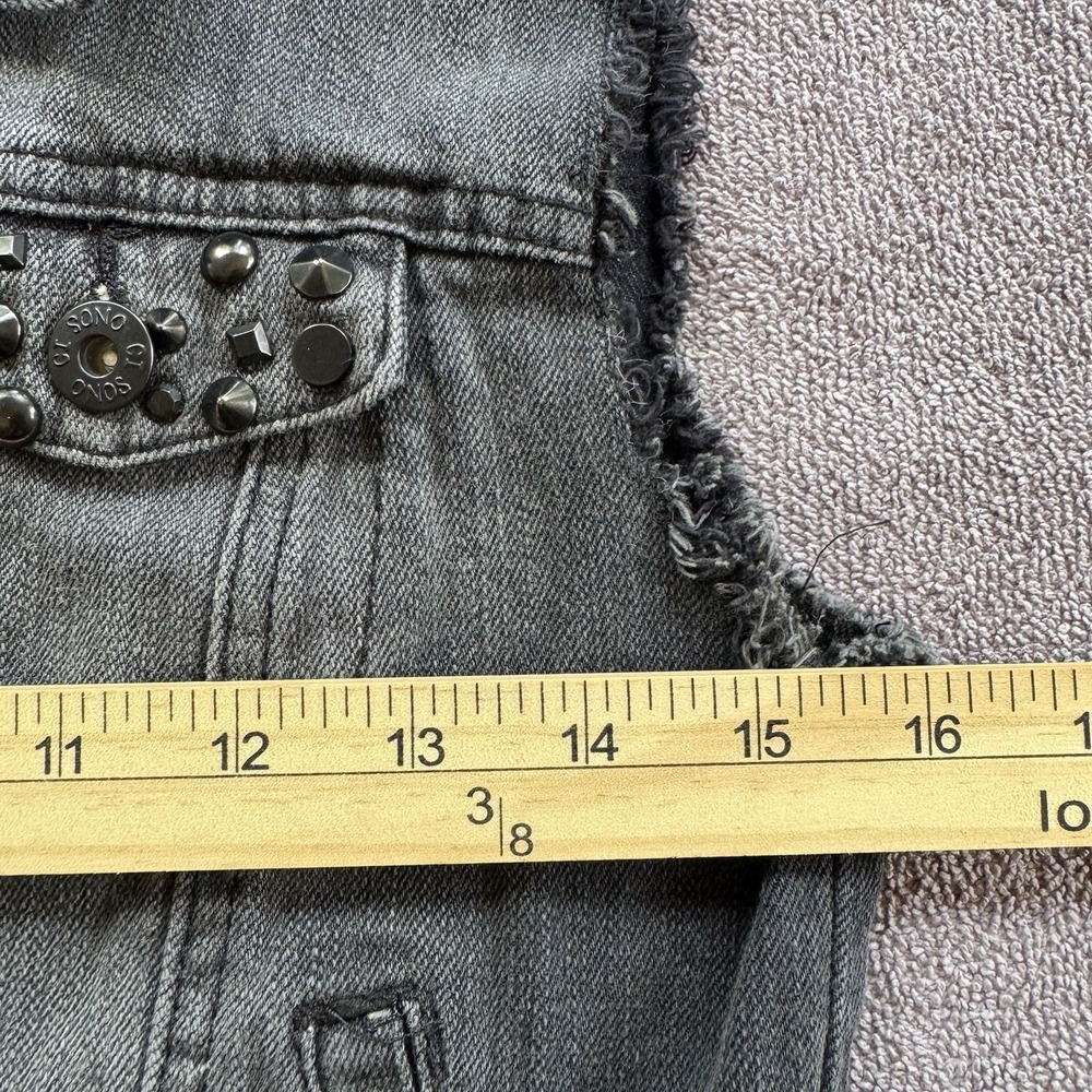 Womens Black Studded Denim Vest Moto Punk Grunge Frayed Sleeveless Jacket S - Picture 8 of 12